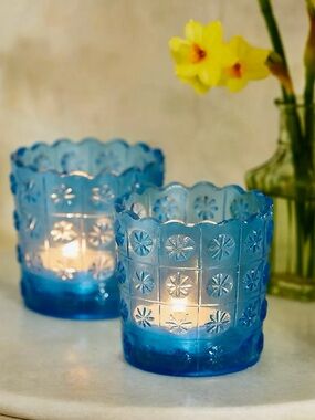 Anthropologie Blue Glass Floral Pattern Votive Candle Holders - Set of 2